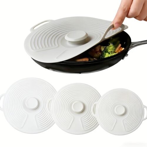 Silicone Lids for Pots and Pans 3pcs Set, Microwave Splatter Cover Silicone, Reusable Suction Seal Bowls Covers with Double Handle, Heat-Resistant Universal Lid for Frying Pans, Plates, Cups