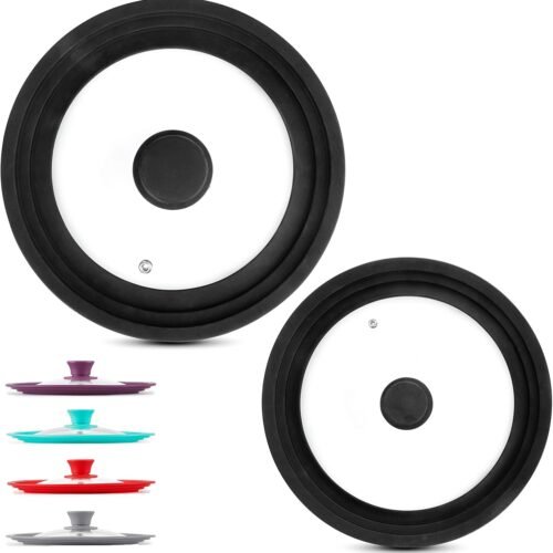 Universal Lids (Set of 2) Fits 7 to 12-Inch Cookware, Silicone Replacement Pan Lid, Glass Top Covers for Skillets, Pots, Frying Pans, Cast Iron,  - Black