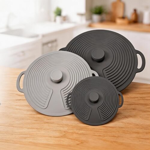 Silicone Pot Lids Set of 3, Universal Spill Stopper Cooking Covers for Pots and Pans, Heat Resistant Food Grade Silicone Lids, Reusable Dishwasher Safe Kitchen Lid Set, Gray