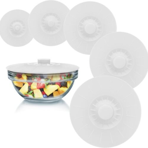 Silicone Bowl Lids White, Set of 5 Reusable Suction Seal Covers for Bowls, Pots, Cups. Food Safe. Natural grip, interlocking handles for easy use and storage.