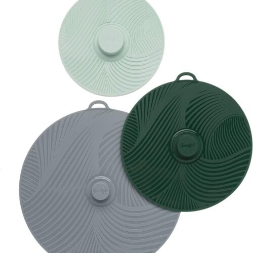 Universal Silicone Lids for Pots and Pans, Heat Safe, Reusable Suction Seal Covers for Bowls, Pots, Cups- Food Grade, Dishwasher Safe, 3 Piece, Gray, Green and Sage