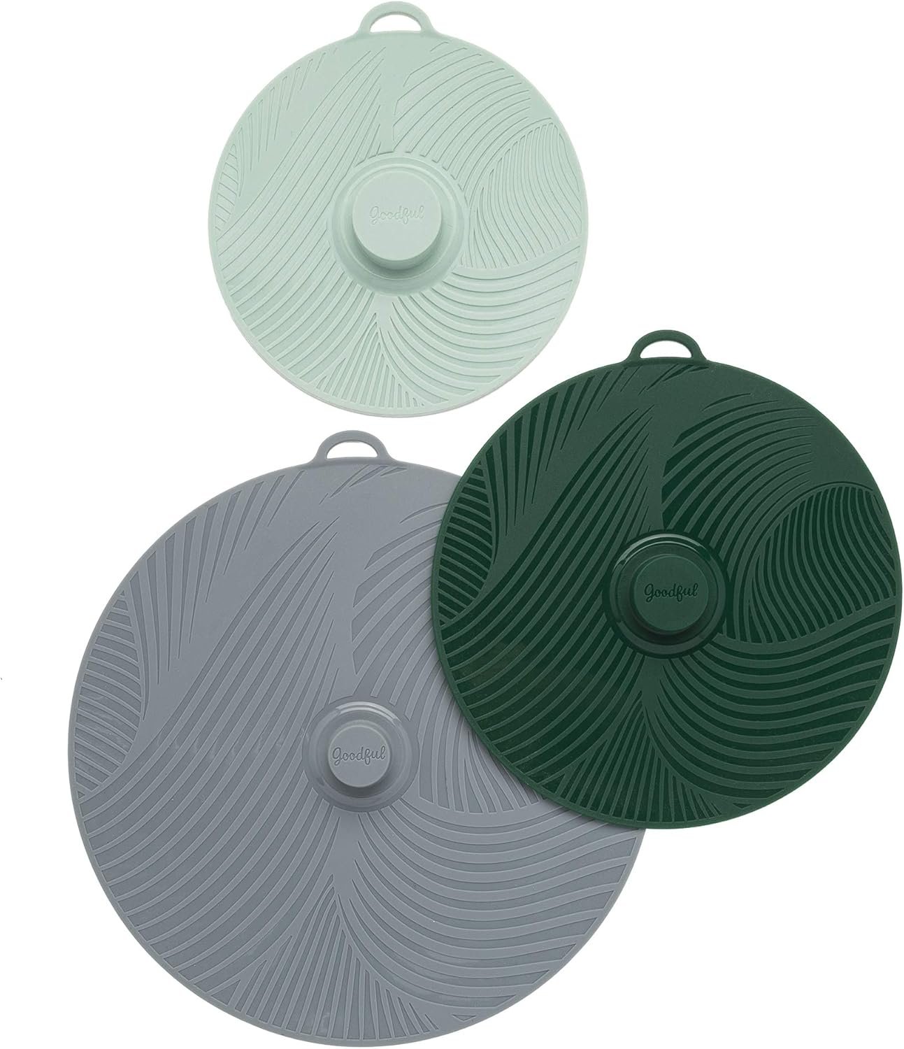 Universal Silicone Lids for Pots and Pans, Heat Safe, Reusable Suction Seal Covers for Bowls, Pots, Cups- Food Grade, Dishwasher Safe, 3 Piece, Gray, Green and Sage